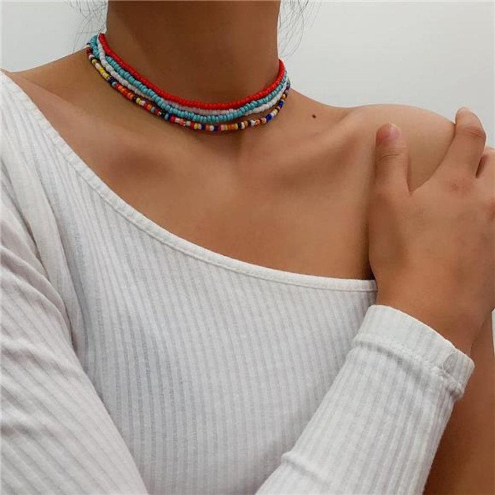 Boho Layered Beaded Necklaces Colorful Beads Choker Necklace Handmade (7PCS) - Picture 5 of 8